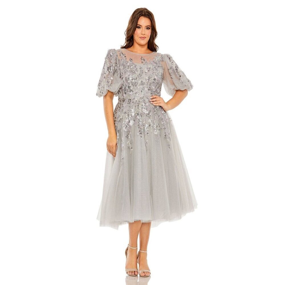 Mac Duggal Silver Sequin & Tulle Midi Dress - Picture 1 of 3